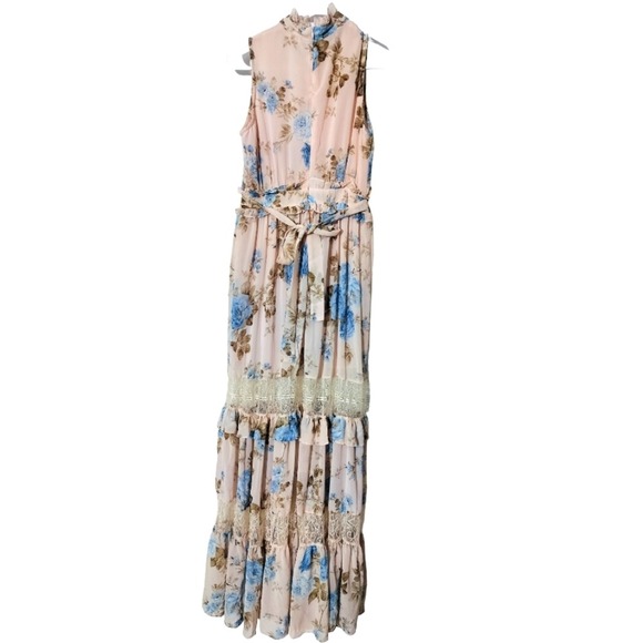 The Vintage Shop Floral Tiered Maxi Dress High Neck Ruffle Lace Detail Size S - Picture 8 of 16